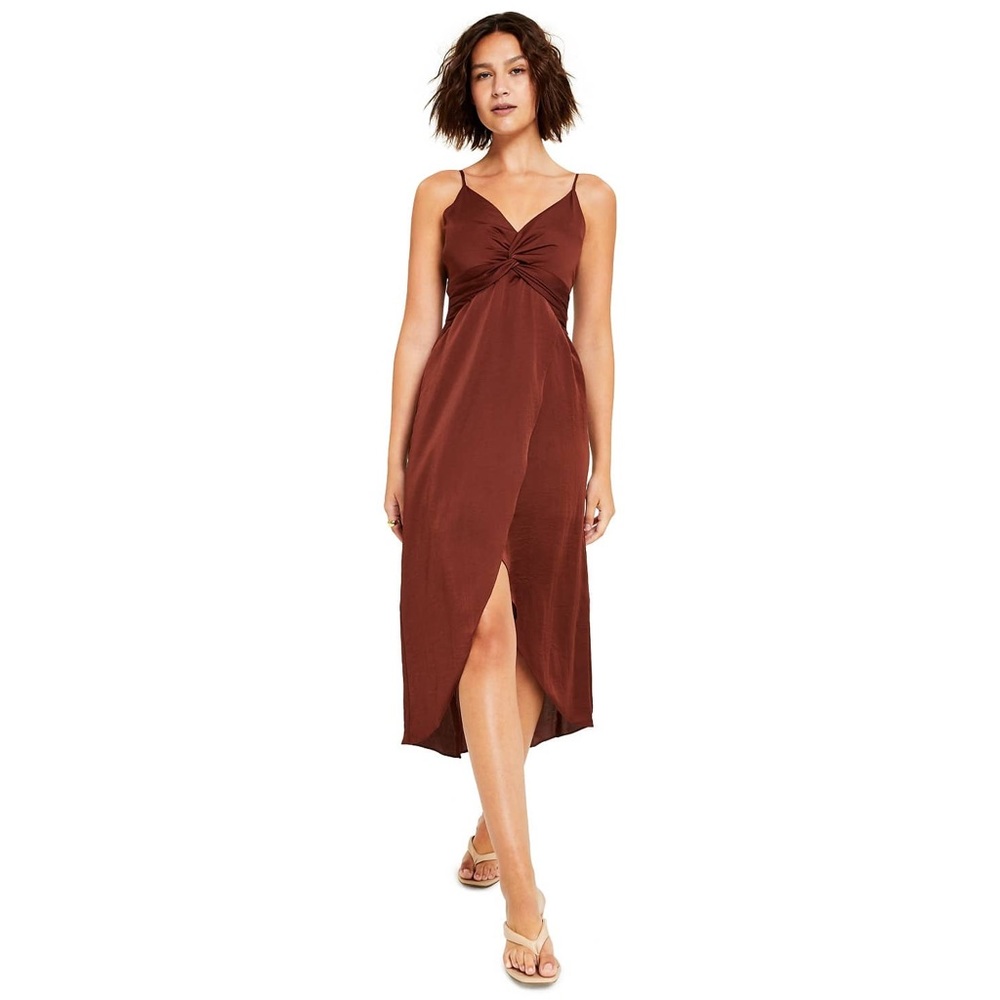 Bar III Womens Brown Charmeuse Split Midi Dress